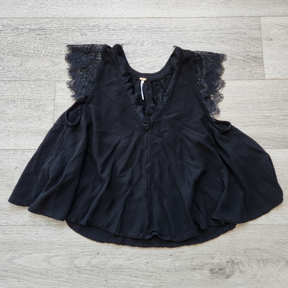 Free People Black Short Lace Sleeve Shirt Womens Xs Boho Business Casual